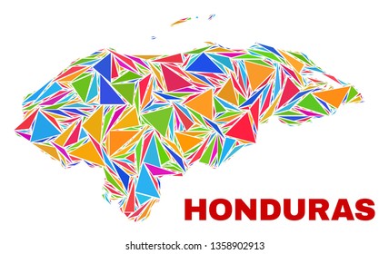 Mosaic Honduras map of triangles in bright colors isolated on a white background. Triangular collage in shape of Honduras map. Abstract design for patriotic illustrations.