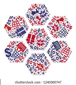 Mosaic honeycombs designed with blue and red shopping symbols. Retail combination of mosaic honeycombs icon. Flat design for shopping templates.