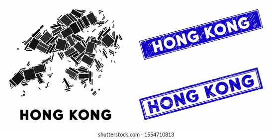 Mosaic Hong Kong map and rectangle seal stamps. Flat vector Hong Kong map mosaic of scattered rotated rectangle items. Blue caption seal stamps with grunge surface.