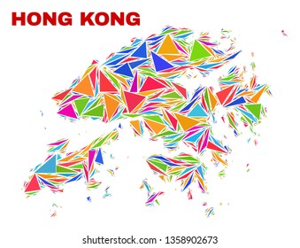 Mosaic Hong Kong map of triangles in bright colors isolated on a white background. Triangular collage in shape of Hong Kong map. Abstract design for patriotic illustrations.