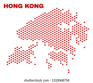 Mosaic Hong Kong map of valentine hearts in red color isolated on a white background. Regular red heart pattern in shape of Hong Kong map. Abstract design for Valentine illustrations.