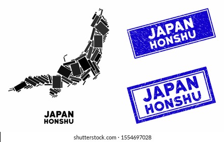 Mosaic Honshu Island map and rectangular stamps. Flat vector Honshu Island map mosaic of scattered rotated rectangular elements. Blue caption rubber stamps with grunge texture.