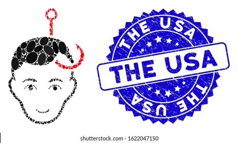 Mosaic hooked man head icon and distressed stamp watermark with The USA caption. Mosaic vector is designed with hooked man head icon and with scattered ellipse spots.