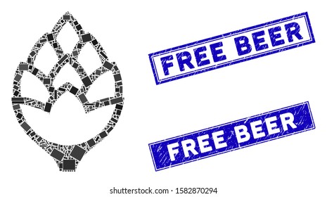 Mosaic hop bud icon and rectangular Free Beer watermarks. Flat vector hop bud mosaic pictogram of randomized rotated rectangular elements. Blue Free Beer watermarks with grunge surface.