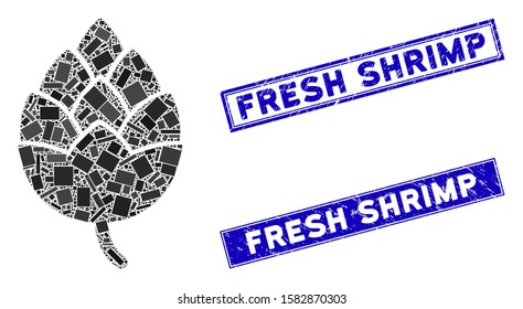 Mosaic hop bud pictogram and rectangle Fresh Shrimp rubber prints. Flat vector hop bud mosaic pictogram of scattered rotated rectangle elements. Blue Fresh Shrimp rubber stamps with distress texture.