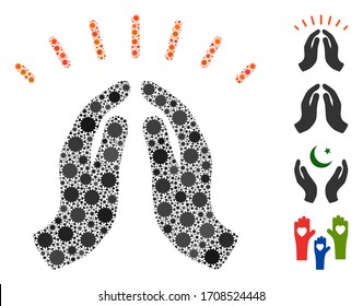 Mosaic hope hands constructed from covid-2019 virus icons in random sizes and color hues. Vector viral elements are composed into abstract mosaic hope hands icon. Some bonus icons are added.