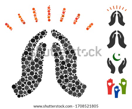 Mosaic Hope hands icon constructed from spheric items in variable sizes, positions and proportions. Vector spheric items are arranged into abstract mosaic hope hands icon.