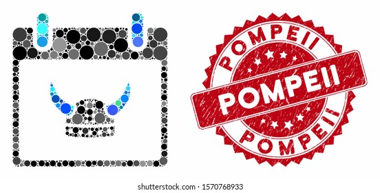 Mosaic horned helmet calendar day and grunge stamp seal with Pompeii caption. Mosaic vector is formed with horned helmet calendar day icon and with random round items. Pompeii seal uses red color,