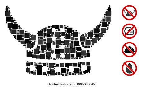 Mosaic Horned helmet icon composed of square items in random sizes and color hues. Vector square items are organized into abstract mosaic horned helmet icon. Bonus pictograms are added.