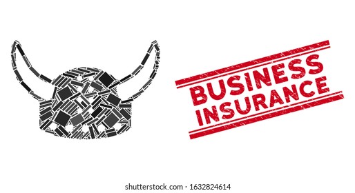 Mosaic horned helmet pictogram and red Business Insurance rubber print between double parallel lines. Flat vector horned helmet mosaic pictogram of random rotated rectangle elements.