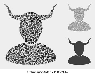 Mosaic Horned user icon organized from spheric and square items in various sizes, positions and proportions. Vector round and square items are organized into abstract illustration horned user icons.