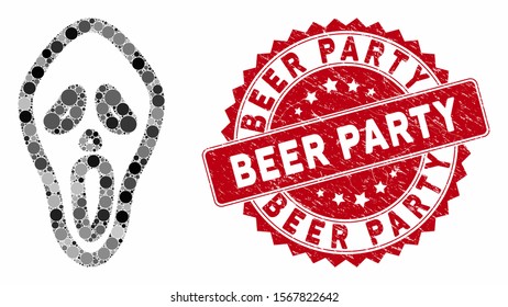 Mosaic horror mask and rubber stamp watermark with Beer Party caption. Mosaic vector is created with horror mask icon and with random round elements. Beer Party stamp seal uses red color,