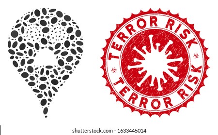 Mosaic horror smiley map marker icon and red round grunge stamp seal with Terror Risk phrase and coronavirus symbol.