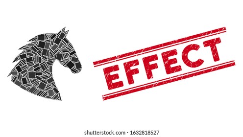 Mosaic horse head pictogram and red Effect rubber print between double parallel lines. Flat vector horse head mosaic pictogram of scattered rotated rectangle elements.