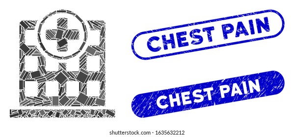 Mosaic hospital building and corroded stamp watermarks with Chest Pain caption. Mosaic vector hospital building is designed with scattered rectangle items. Chest Pain stamp seals use blue color,