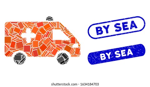 Mosaic hospital car and rubber stamp watermarks with By Sea text. Mosaic vector hospital car is formed with random rectangle items. By Sea seals use blue color, and have round rectangle shape.