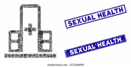 Mosaic hospital complex icon and rectangle Sexual Health seal stamps. Flat vector hospital complex mosaic icon of scattered rotated rectangle elements.