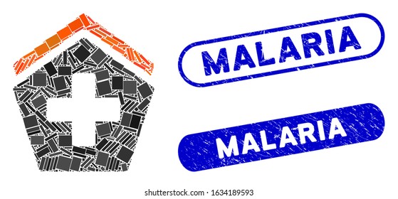 Mosaic hospital and corroded stamp seals with Malaria phrase. Mosaic vector hospital is composed with random rectangle items. Malaria stamp seals use blue color, and have round rectangle shape.