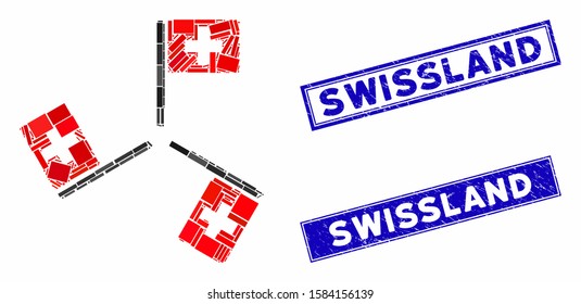 Mosaic hospital flags icon and rectangle Swissland seal stamps. Flat vector hospital flags mosaic icon of scattered rotated rectangle elements. Blue Swissland seal stamps with scratched texture.