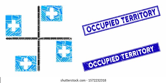 Mosaic hospital flags pictogram and rectangular Occupied Territory seal stamps. Flat vector hospital flags mosaic pictogram of scattered rotated rectangular elements.