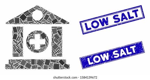 Mosaic hospital icon and rectangle Low Salt seal stamps. Flat vector hospital mosaic icon of randomized rotated rectangle elements. Blue Low Salt stamps with grunge textures.