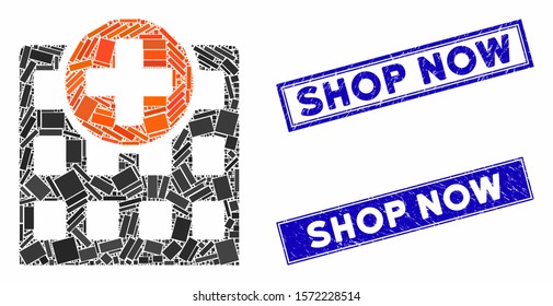 Mosaic hospital icon and rectangle Shop Now seal stamps. Flat vector hospital mosaic icon of randomized rotated rectangular elements. Blue Shop Now seal stamps with scratched textures.