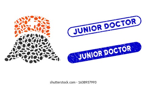 Mosaic hospital nurse head and rubber stamp seals with Junior Doctor text. Mosaic vector hospital nurse head is formed with scattered ellipse pieces. Junior Doctor stamp seals use blue color,