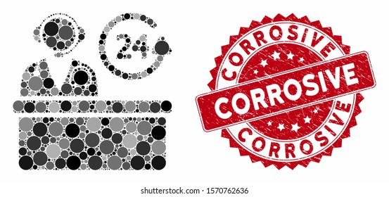 Mosaic hospital reception desk and distressed stamp seal with Corrosive text. Mosaic vector is composed with hospital reception desk icon and with random circle elements.