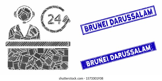 Mosaic hospital reception desk pictogram and rectangle Brunei Darussalam seal stamps. Flat vector hospital reception desk mosaic pictogram of random rotated rectangle elements.