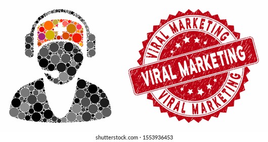 Mosaic hospital receptionist and corroded stamp seal with Viral Marketing phrase. Mosaic vector is formed with hospital receptionist icon and with randomized round elements.