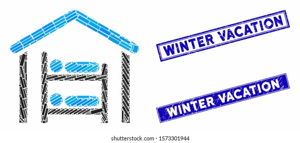 Mosaic hostel pictogram and rectangle Winter Vacation seals. Flat vector hostel mosaic pictogram of scattered rotated rectangle elements. Blue Winter Vacation rubber seals with rubber surface.