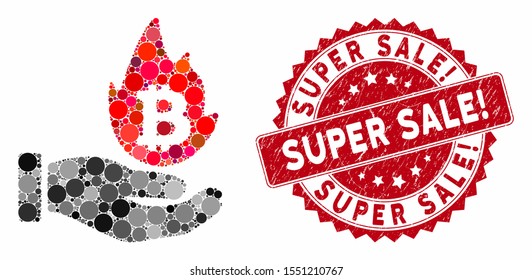 Mosaic hot cryptocurrency offer hand and grunge stamp seal with Super Sale! phrase. Mosaic vector is created with hot cryptocurrency offer hand icon and with randomized spheric spots.
