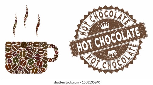 Mosaic hot tea cup and distressed stamp seal with Hot Chocolate caption. Mosaic vector hot tea cup is designed with grain. Hot Chocolate seal uses brown color.