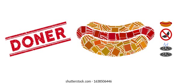 Mosaic hotdog pictogram and red Doner seal stamp between double parallel lines. Flat vector hotdog mosaic pictogram of scattered rotated rectangular items. Red Doner rubber stamp with grunge surface.