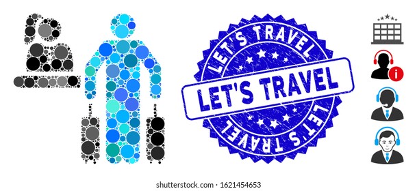 Mosaic hotel reception icon and corroded stamp watermark with Let'S Travel text. Mosaic vector is designed with hotel reception icon and with randomized circle elements.