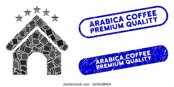 Mosaic hotel stars and distressed stamp watermarks with Arabica Coffee Premium Quality text. Mosaic vector hotel stars is designed with scattered rectangle items.