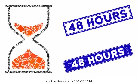 Mosaic hourglass icon and rectangular stamps. Flat vector hourglass mosaic icon of randomized rotated rectangular elements. Blue caption rubber stamps with rubber surface.
