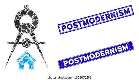 Mosaic house architecture icon and rectangle Postmodernism seal stamps. Flat vector house architecture mosaic icon of scattered rotated rectangle elements.