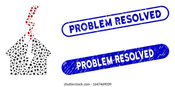 Mosaic house break and grunge stamp seals with Problem Resolved caption. Mosaic vector house break is designed with randomized oval pieces. Problem Resolved stamp seals use blue color,