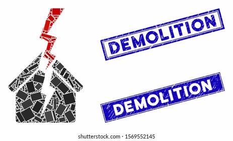 Mosaic house break icon and rectangle rubber prints. Flat vector house break mosaic icon of random rotated rectangle elements. Blue caption stamps with rubber textures.