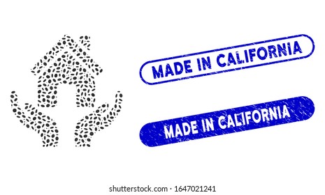 Mosaic house care hands and distressed stamp seals with Made in California phrase. Mosaic vector house care hands is created with randomized oval spots. Made in California seals use blue color,