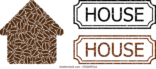 Mosaic house composed of cocoa beans, and grunge House rectangle seal stamps with notches. Vector coffee items are composed into abstract mosaic house icon with brown color.