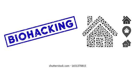 Casa de mosaico y sello de sellado rectangular corroído con texto Biohacking. La casa vectorial mosaica se forma con puntos elipses aleatorios. Los sellos de sello Biohacking tienen color azul y forma rectangular.