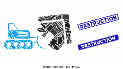 Mosaic house demolition icon and rectangular seal stamps. Flat vector house demolition mosaic icon of scattered rotated rectangular items. Blue caption seal stamps with grunge surface.