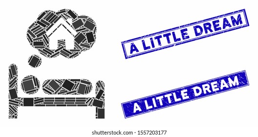 Mosaic house dreams icon and rectangle stamps. Flat vector house dreams mosaic pictogram of randomized rotated rectangle items. Blue caption rubber stamps with grunge surface.