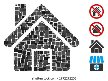 Mosaic House icon constructed from square elements in random sizes and color hues. Vector square elements are organized into abstract mosaic house icon. Bonus pictograms are placed.