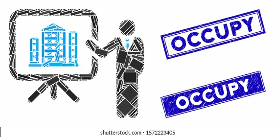 Mosaic house presentation icon and rectangle Occupy seal stamps. Flat vector house presentation mosaic icon of random rotated rectangle elements. Blue Occupy stamps with distress textures.