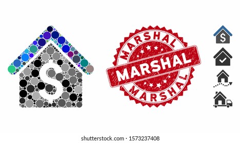 Mosaic house rent icon and grunge stamp seal with Marshal text. Mosaic vector is created with house rent pictogram and with random spheric items. Marshal stamp seal uses red color,