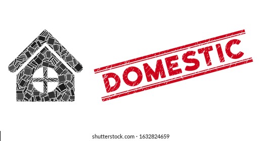 Mosaic house with round window icon and red Domestic rubber print between double parallel lines. Flat vector house with round window mosaic icon of scattered rotated rectangular items.