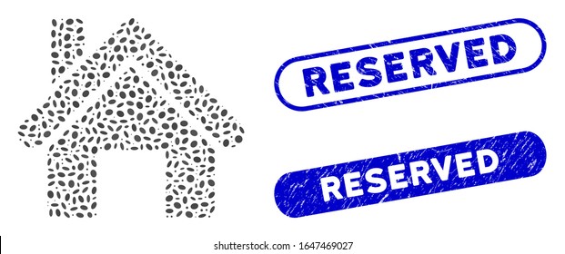 Mosaic house and rubber stamp seals with Reserved caption. Mosaic vector house is created with random ellipse dots. Reserved stamp seals use blue color, and have round rectangle shape.
